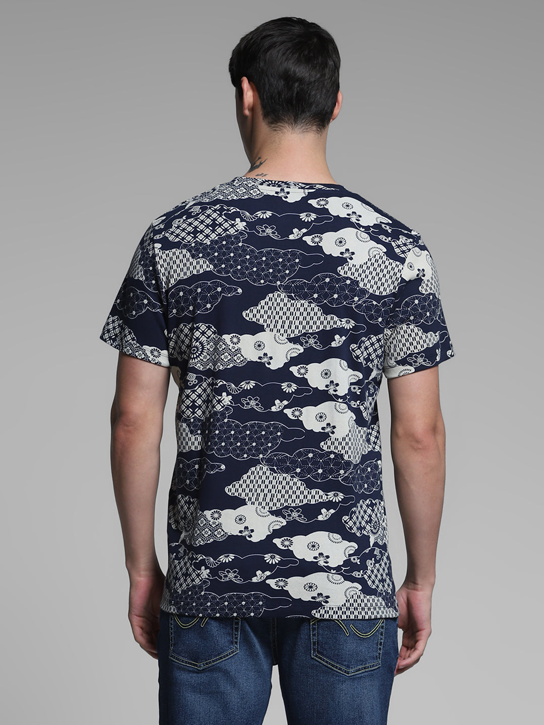 Men's Navy Casual Regular Fit Printed Half Sleeves Tshirt