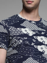 Men's Navy Casual Regular Fit Printed Half Sleeves Tshirt
