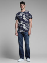 Men's Navy Casual Regular Fit Printed Half Sleeves Tshirt