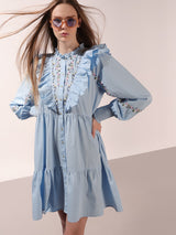 Women's Blue Casual Self-Design Fit & Flared Dress