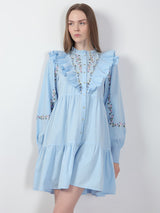 Women's Blue Casual Self-Design Fit & Flared Dress