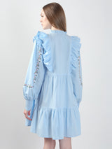 Women's Blue Casual Self-Design Fit & Flared Dress