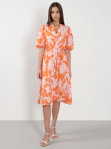 Women's Orange Casual Printed Fit & Flared Dress