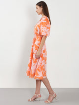 Women's Orange Casual Printed Fit & Flared Dress