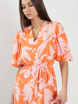 Women's Orange Casual Printed Fit & Flared Dress