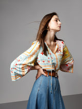 Women's White and Yellow Casual Printed Half Sleeves Top