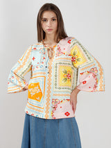 Women's White and Yellow Casual Printed Half Sleeves Top