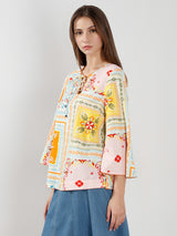Women's White and Yellow Casual Printed Half Sleeves Top