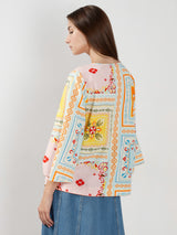 Women's White and Yellow Casual Printed Half Sleeves Top
