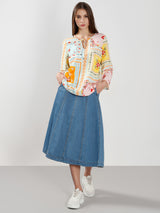 Women's White and Yellow Casual Printed Half Sleeves Top