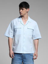 Men's Blue Work Oversized Fit Solid Half Sleeves Shirt