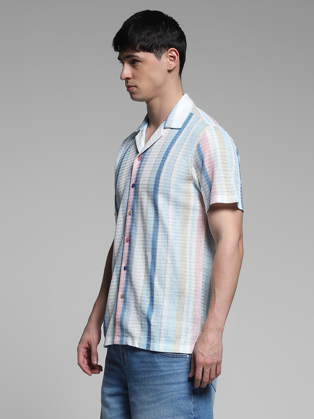 Men's Multicolor Work Regular Fit Striped Half Sleeves Shirt