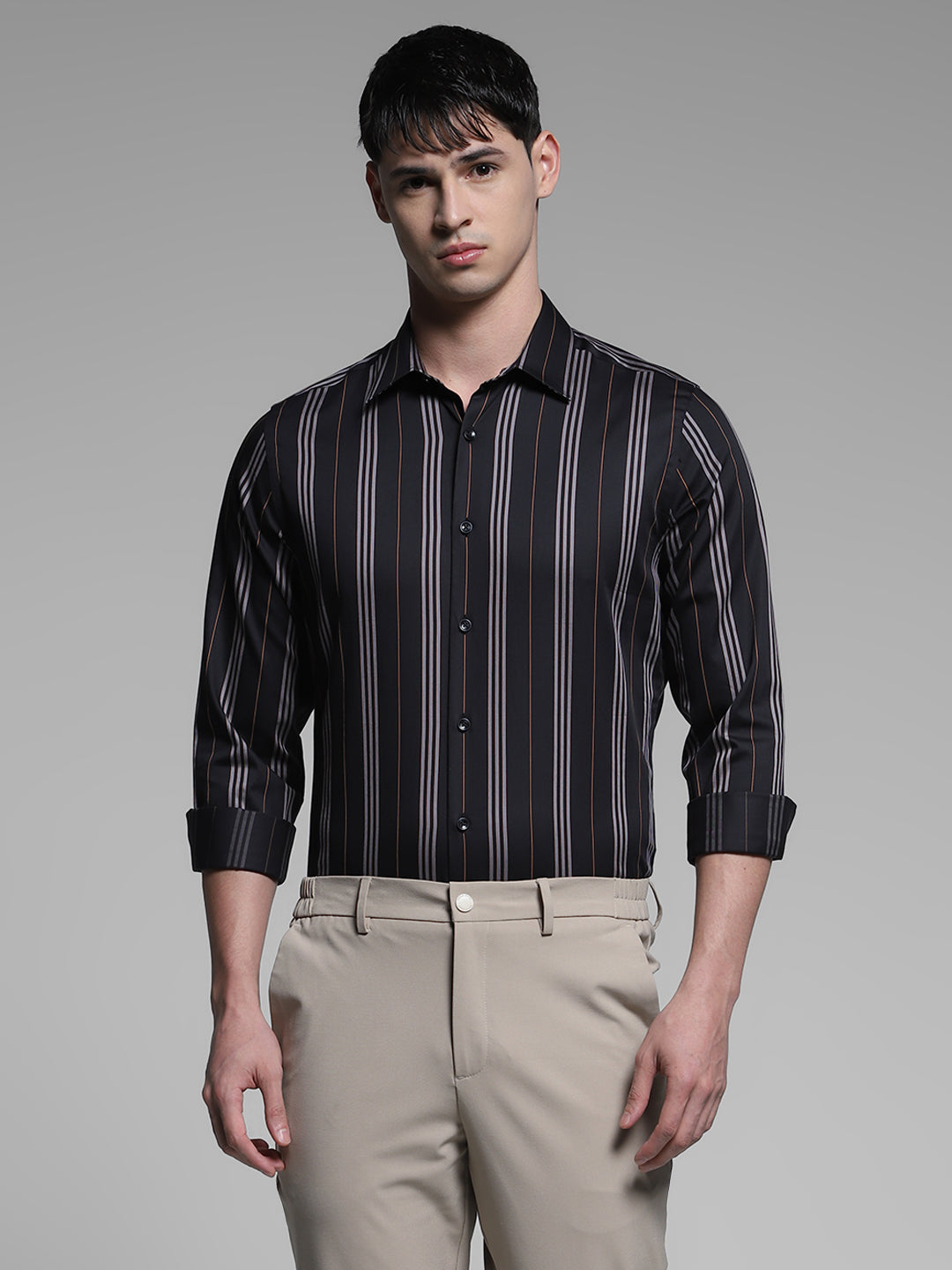 Men's Black Work Slim Fit Striped Full Sleeves Shirt