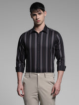 Men's Black Work Slim Fit Striped Full Sleeves Shirt