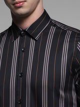 Men's Black Work Slim Fit Striped Full Sleeves Shirt