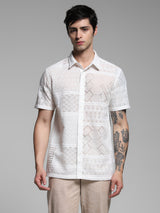 Men's White Casual Regular Fit Printed Half Sleeves Shirt