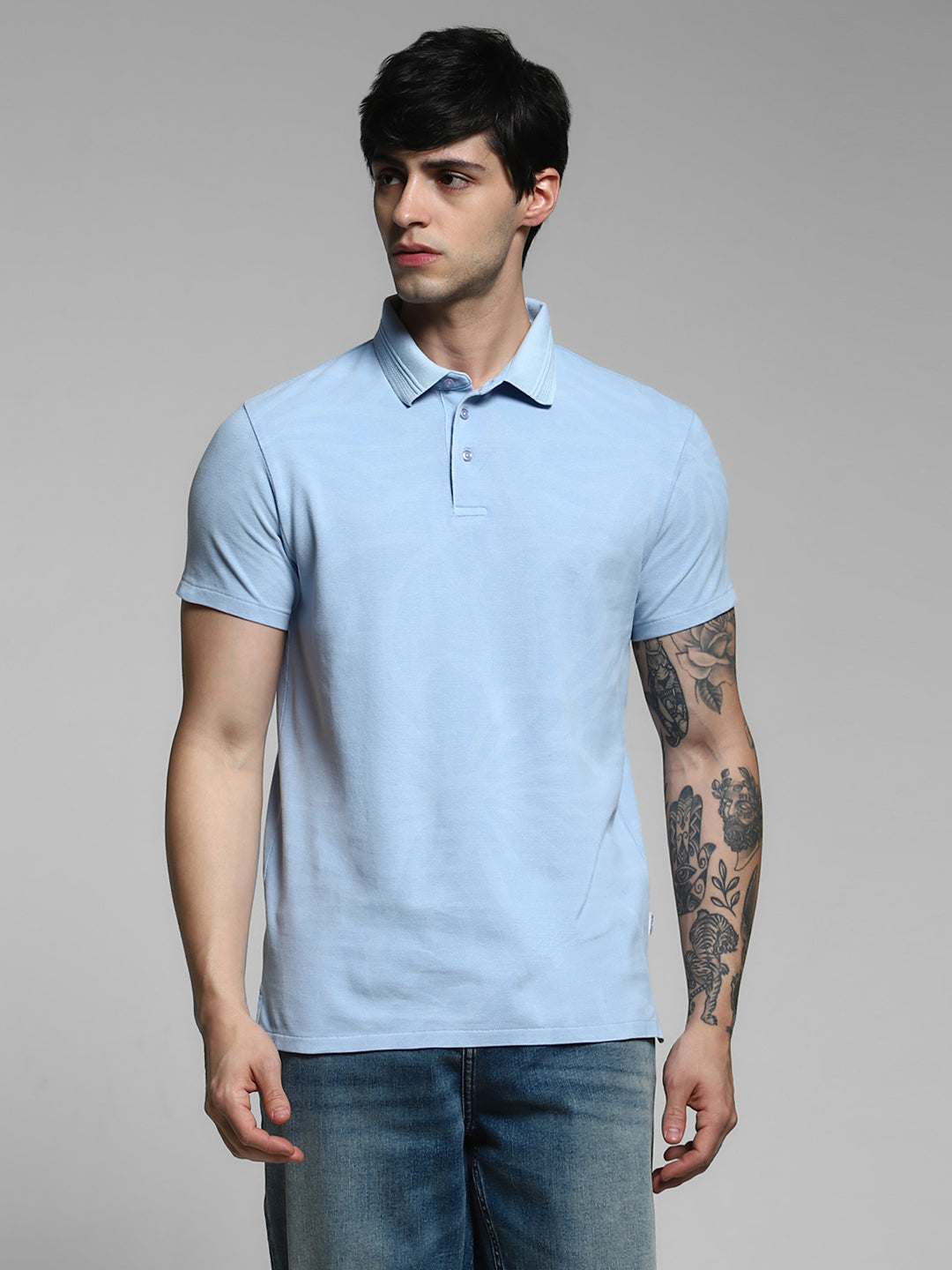 Men's Blue Casual Slim Fit Printed Half Sleeves Polo Tshirt