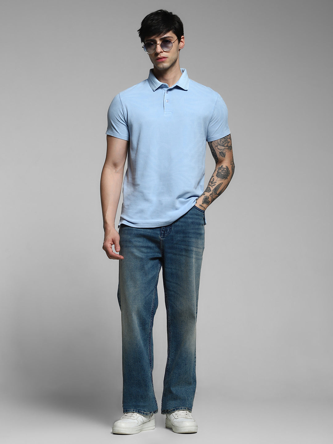 Men's Blue Casual Slim Fit Printed Half Sleeves Polo Tshirt