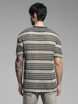 Men's Black Casual Oversized Fit Striped Half Sleeves Tshirt
