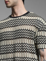 Men's Black Casual Oversized Fit Striped Half Sleeves Tshirt