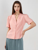 Women's Pink Work Solid Half Sleeves Shirt