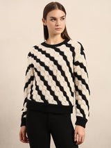 Women's Off White Casual Striped Full Sleeves Sweater