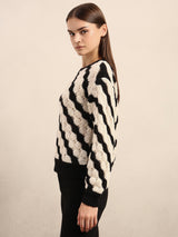 Women's Off White Casual Striped Full Sleeves Sweater