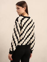 Women's Off White Casual Striped Full Sleeves Sweater