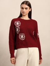 Women's Maroon Casual Self-Design Full Sleeves Sweater