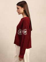Women's Maroon Casual Self-Design Full Sleeves Sweater