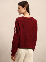Women's Maroon Casual Self-Design Full Sleeves Sweater