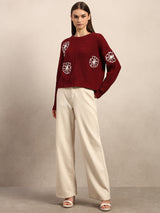Women's Maroon Casual Self-Design Full Sleeves Sweater