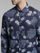 Men's Blue Casual Slim Fit Printed Full Sleeves Shirt