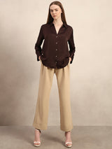Women's Brown Casual Solid Full Sleeves Shirt