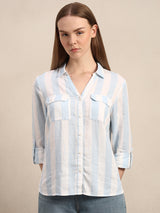 Women's White Casual Striped Full Sleeves Shirt