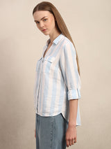 Women's White Casual Striped Full Sleeves Shirt