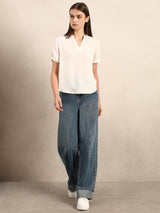 Women's White Casual Solid Half Sleeves Top