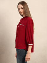 Women's Red Casual Solid Full Sleeves Shirt
