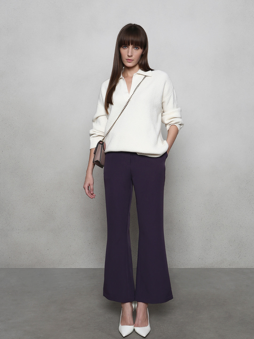Women's Purple Casual Solid Straight Pant