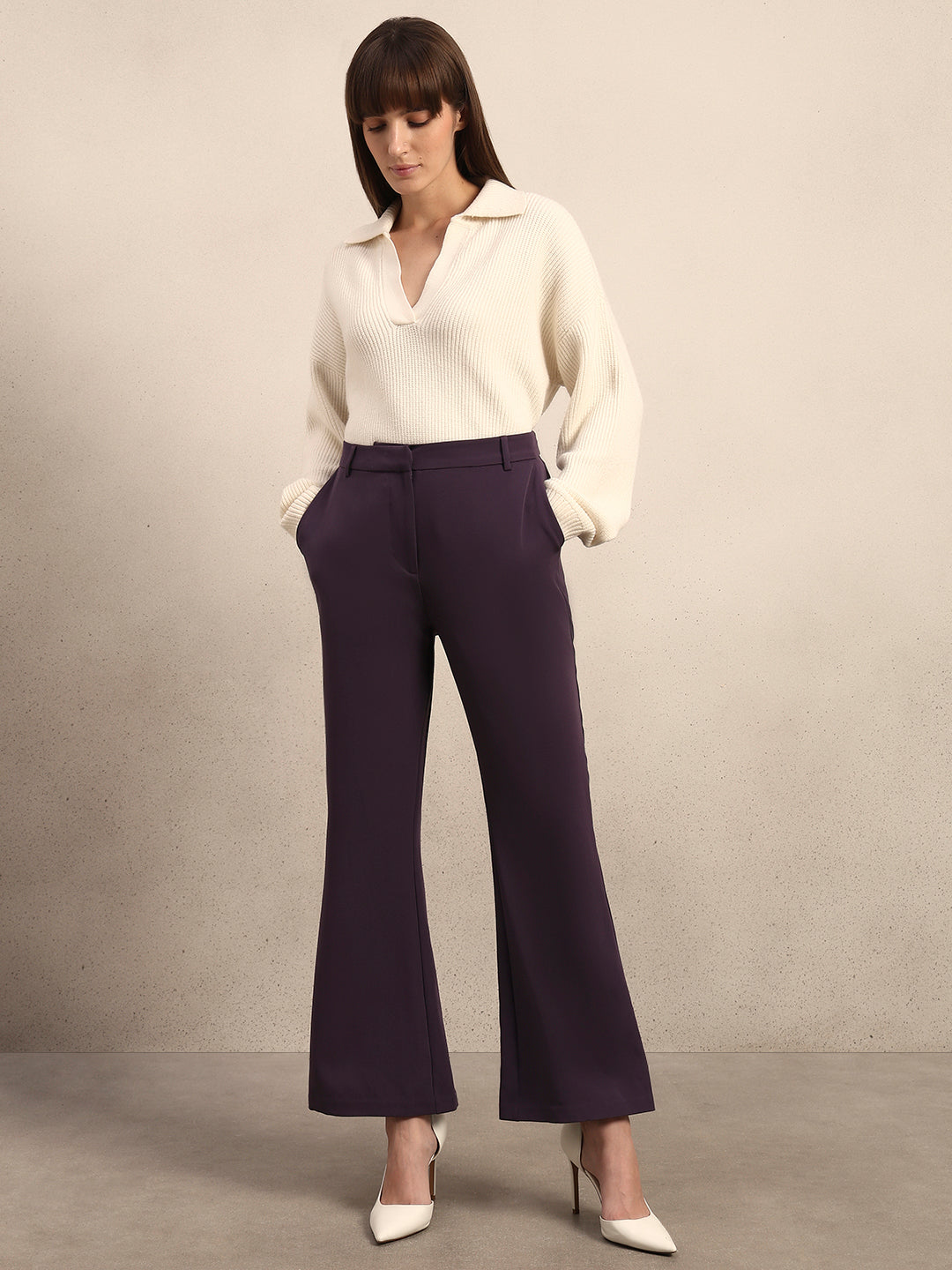 Women's Purple Casual Solid Straight Pant