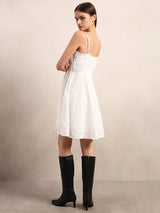 Women's White Party Self-Design Fit & Flared Dress