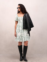 Women's White and Green Casual Printed Fit & Flared Dress