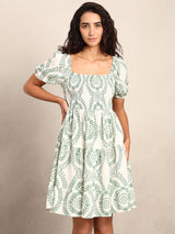 Women's White and Green Casual Printed Fit & Flared Dress