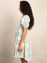Women's White and Green Casual Printed Fit & Flared Dress