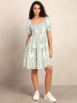 Women's White and Green Casual Printed Fit & Flared Dress