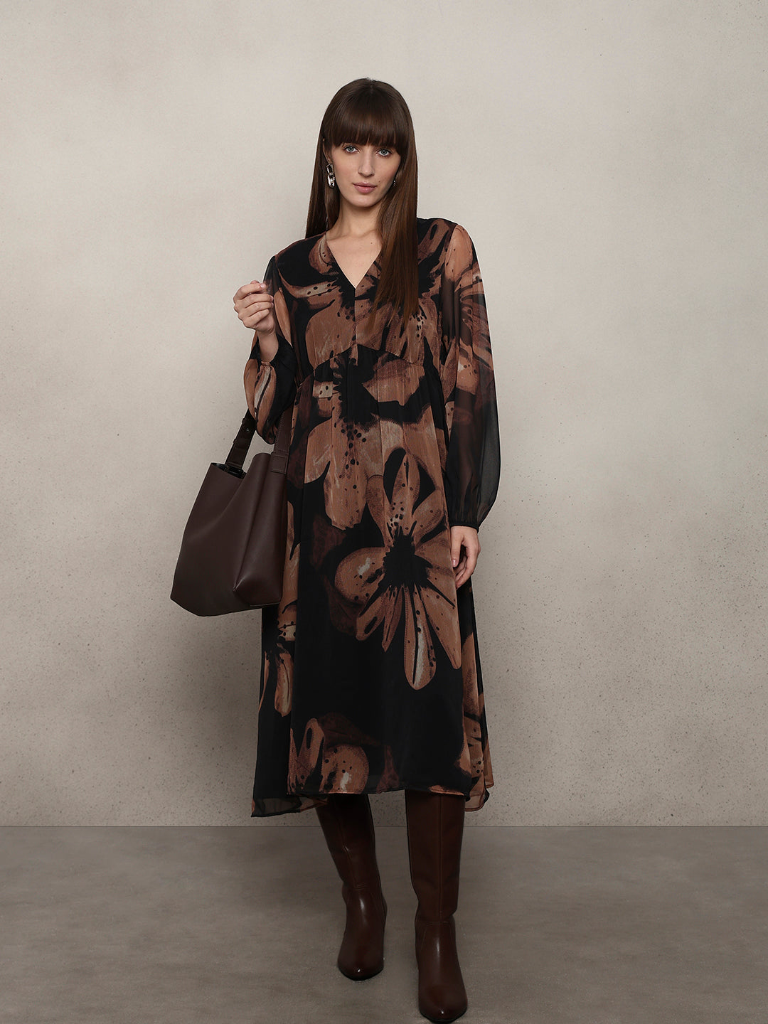 Women's Brown Party Printed A-Line Dress