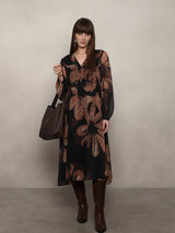 Women's Brown Party Printed A-Line Dress