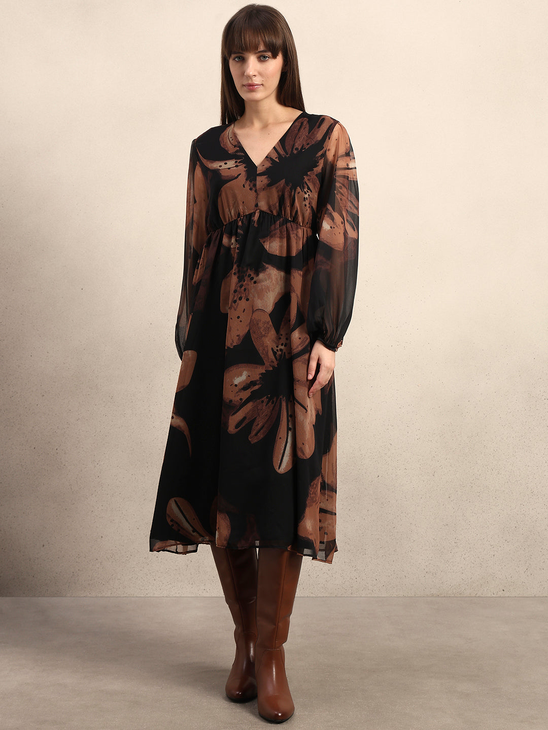 Women's Brown Party Printed A-Line Dress