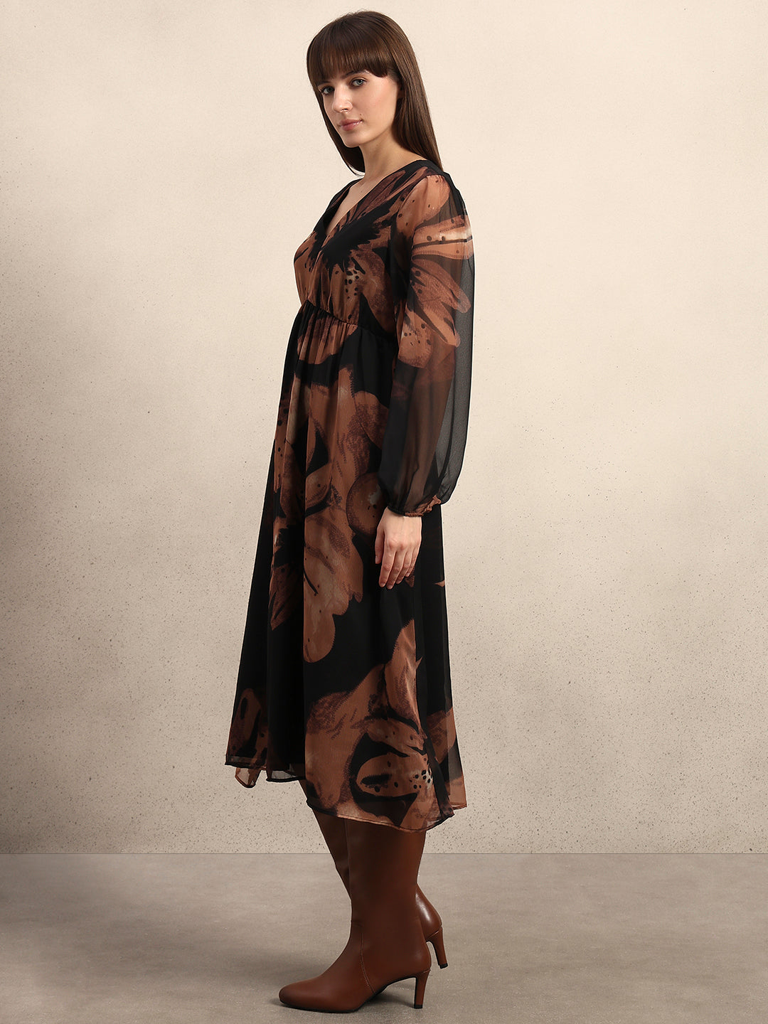 Women's Brown Party Printed A-Line Dress