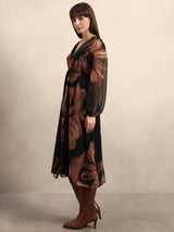Women's Brown Party Printed A-Line Dress